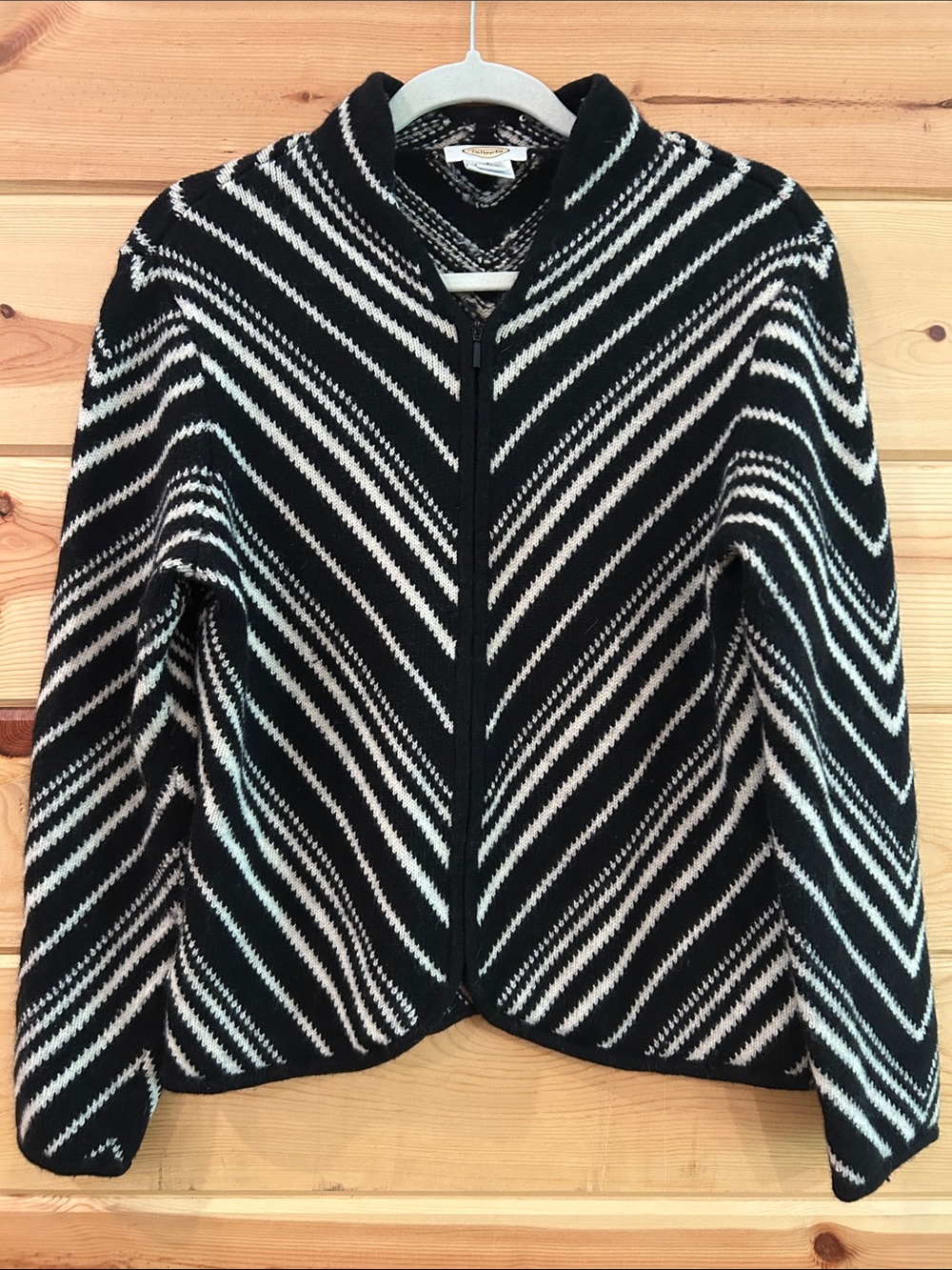 Talbots 100% Wool Black and White Chevron Zip-Up Cardigan, Size L